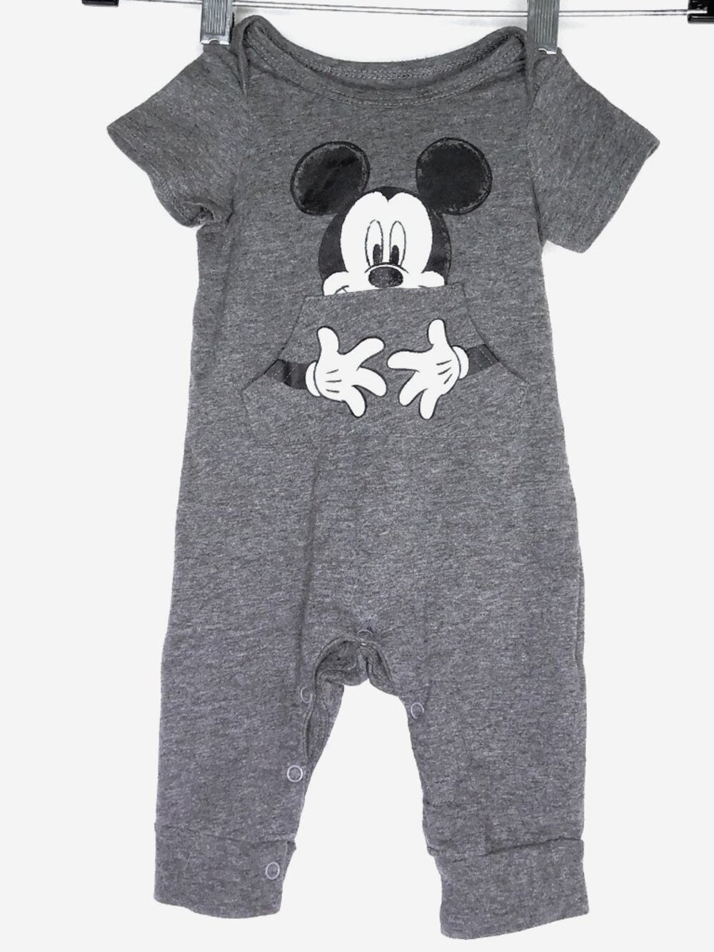 Disney Baby Mickey Mouse One Piece Romper Gray Short Slv Kangaroo Pocket 3/6 M